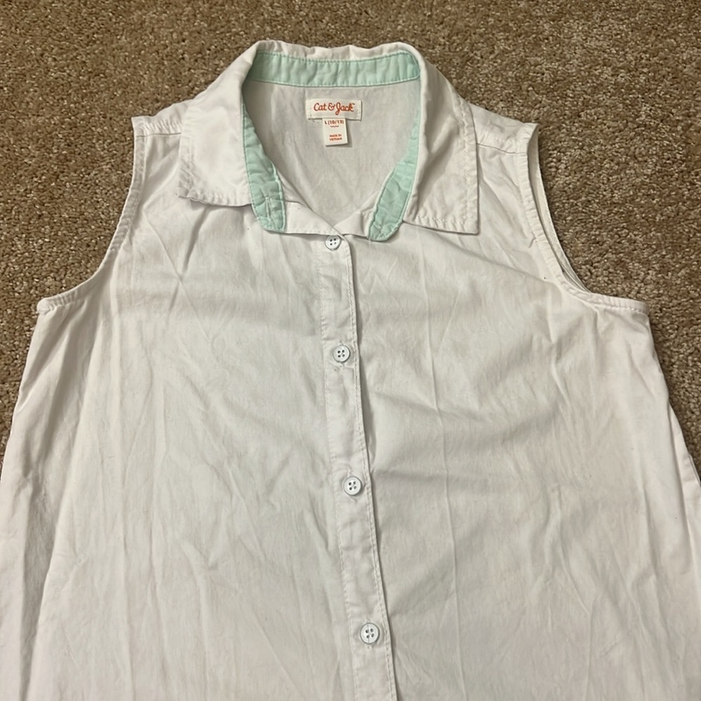 Cat & Jack White 100% Cotton Sleeveless Shirt Mint Interior Collar Size 10/12 - Picture 2 of 4